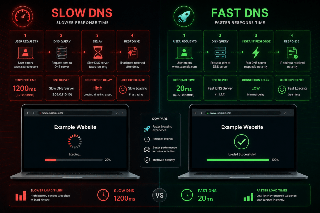 O Que é DNS e Como Ele Pode Deixar Sua Internet Mais Rápida comparacao entre dns lento e dns rapido no carregamento de sites