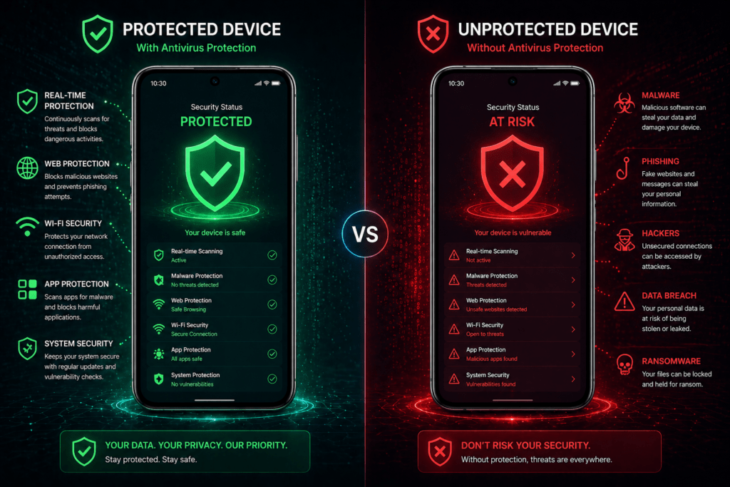 comparacao entre celular com antivirus e sem protecao