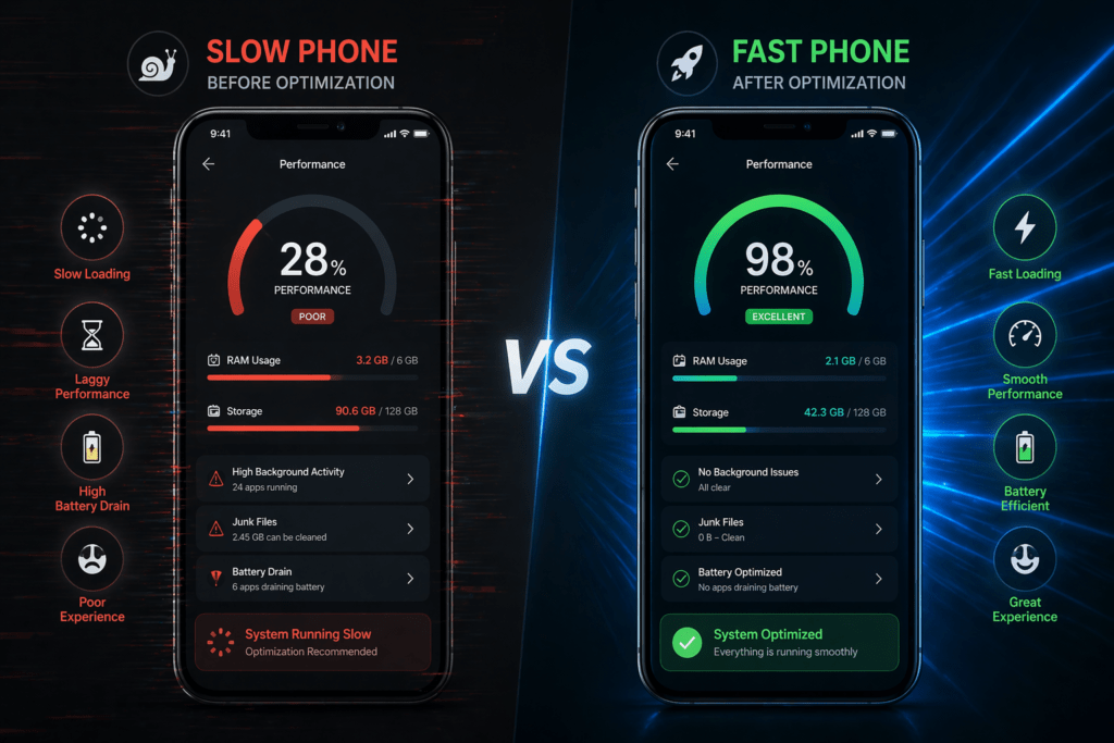 Por Que Seu Celular Trava e Como Resolver (Mesmo Sendo Novo) comparacao entre celular lento e celular rapido apos otimizacao