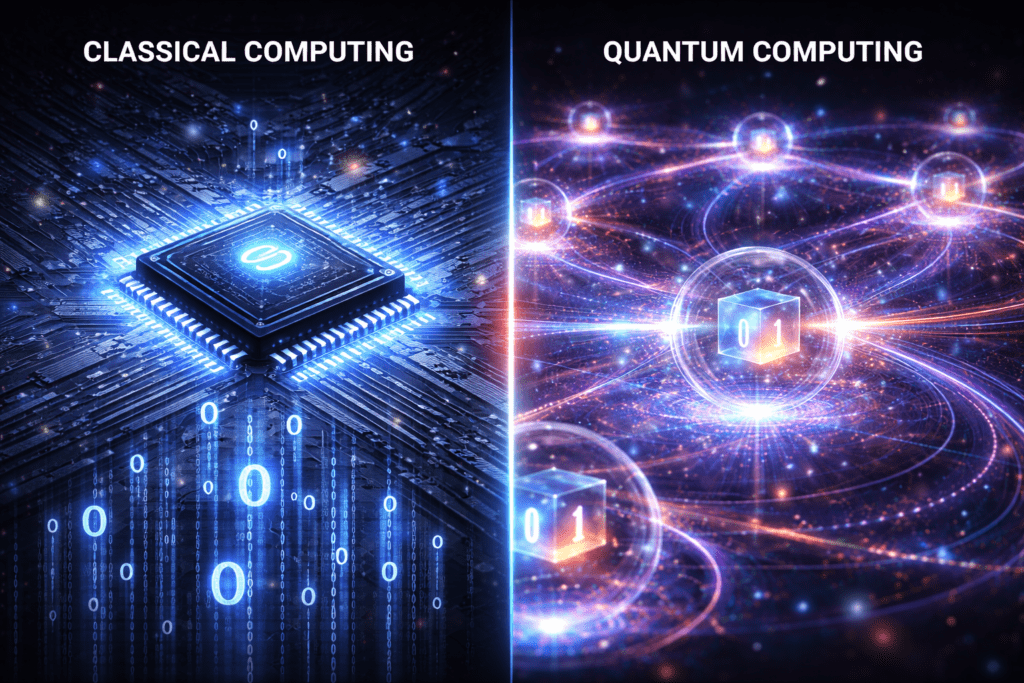 O Que é Computação Quântica e Por Que Ela Pode Mudar o Futuro comparacao entre computacao classica e computacao quantica mostrando diferencas de processamento