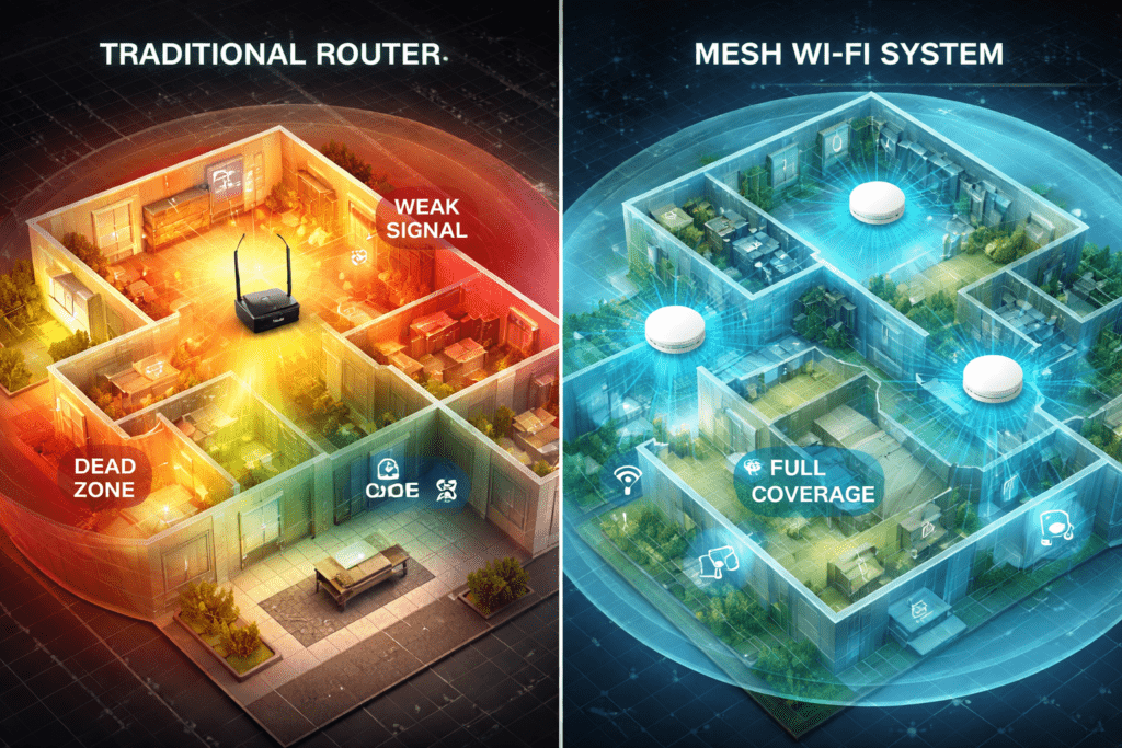 Roteador Comum vs Roteador Mesh: Qual Vale a Pena em 2026? comparacao entre roteador comum e sistema mesh mostrando cobertura de sinal wi fi