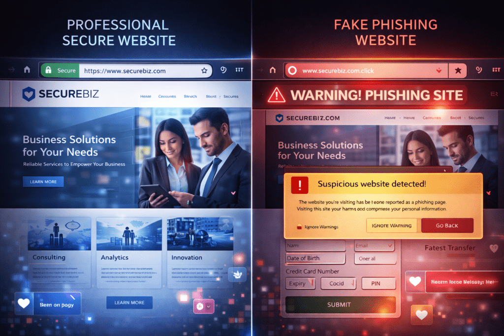 Como Saber se um Site é Seguro? Guia Prático para Evitar Golpes Online comparacao entre site seguro e site falso com sinais de golpe online