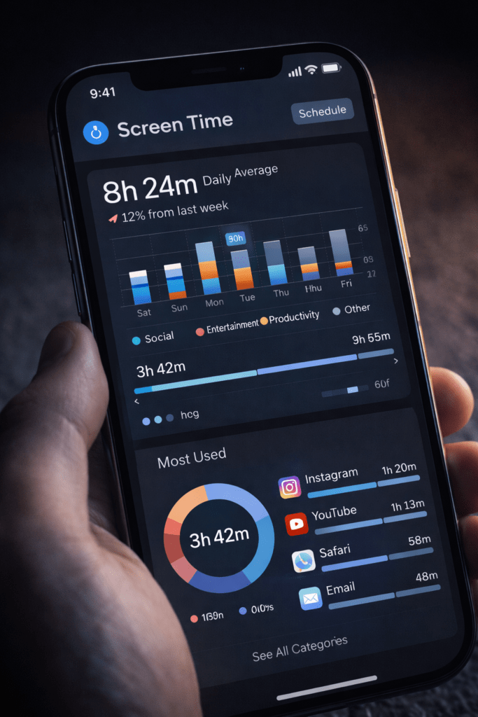 Quanto Tempo Você Passa no Celular? Veja Como a Tecnologia Influencia Sua Rotina monitoramento do tempo de uso do celular com grafico de horas diarias