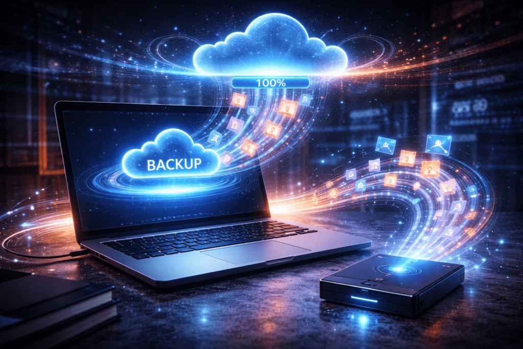 O Que é Backup e Por Que Você Pode Perder Tudo Sem Ele processo de backup de dados copiando arquivos para nuvem e dispositivo externo
