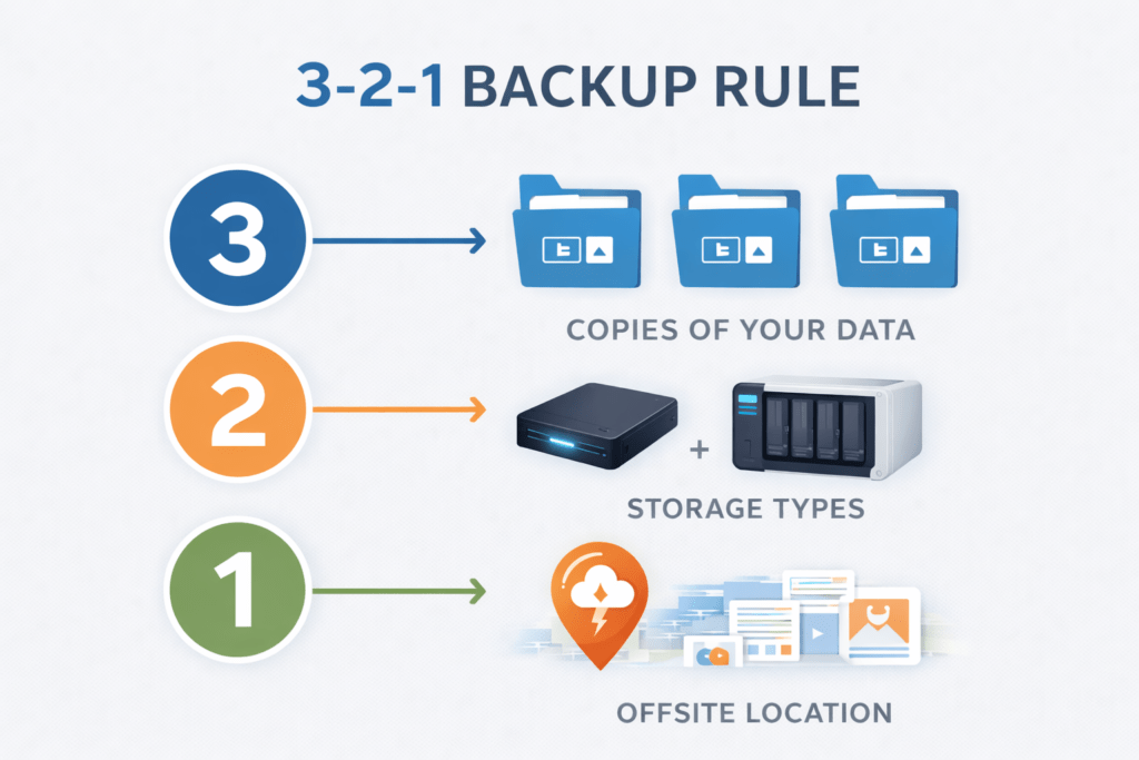 O Que é Backup e Por Que Você Pode Perder Tudo Sem Ele regra 3 2 1 de backup explicando armazenamento seguro de dados