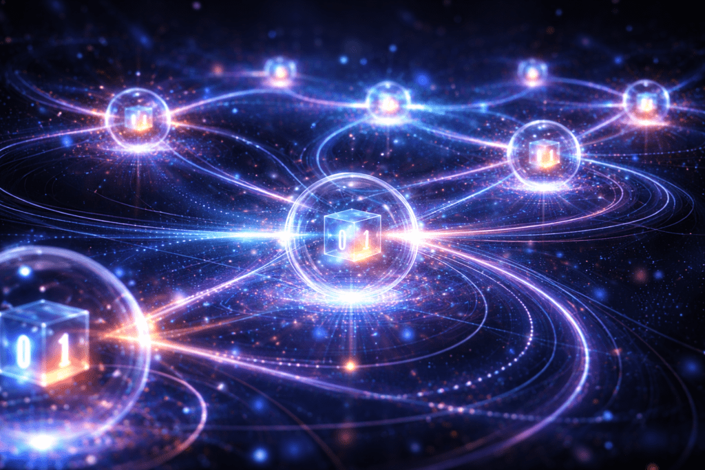 O Que é Computação Quântica e Por Que Ela Pode Mudar o Futuro representacao visual de computacao quantica com qubits e conexoes energeticas