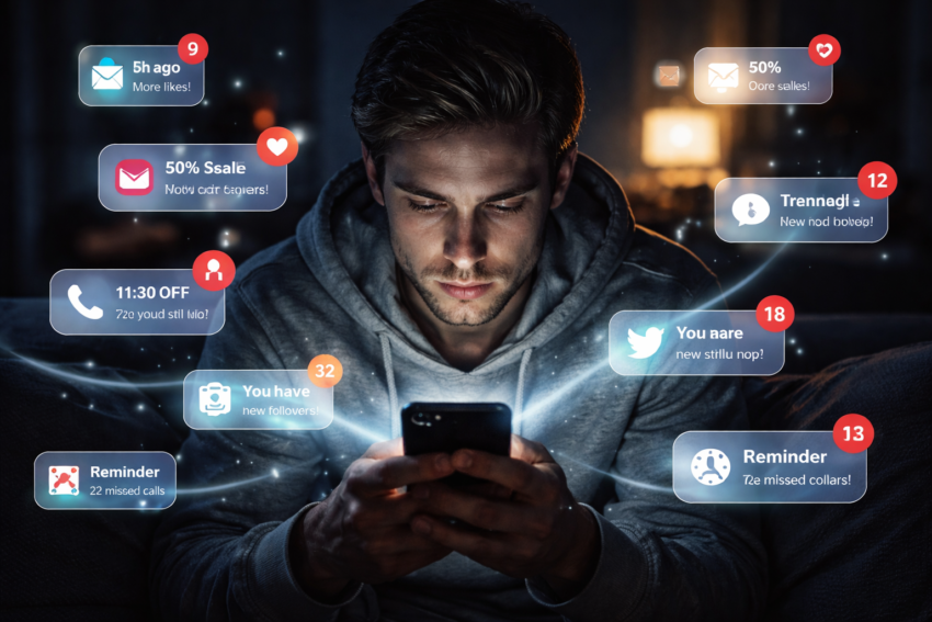 uso excessivo de celular com notificações constantes influenciando a rotina