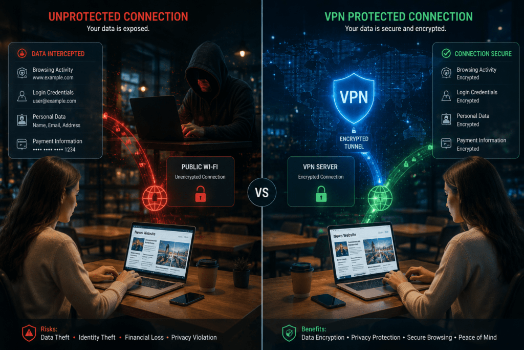 comparação entre internet sem vpn e conexão protegida com vpn