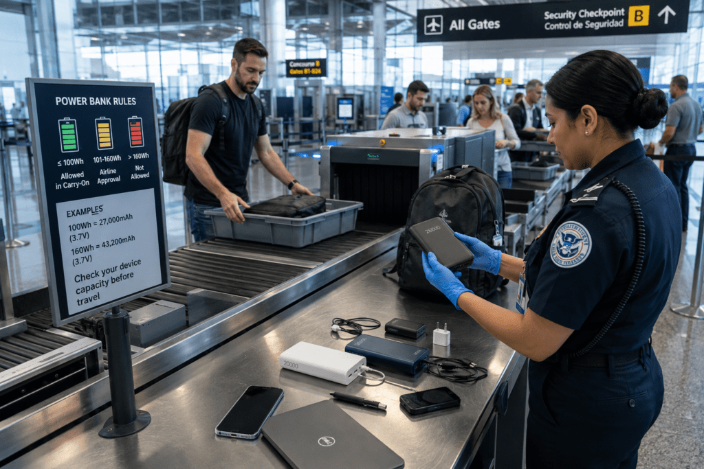 fiscalização de power banks e baterias portáteis em aeroporto internacional