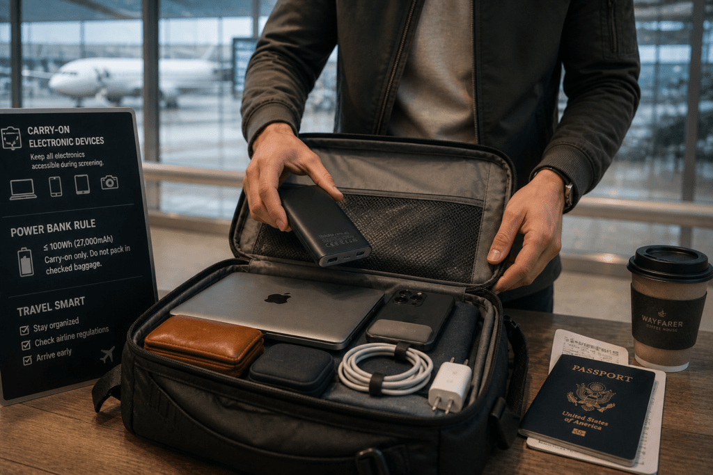 passageiro organizando power bank e eletrônicos para viagem de avião