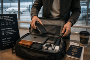 passageiro organizando power bank e eletrônicos para viagem de avião