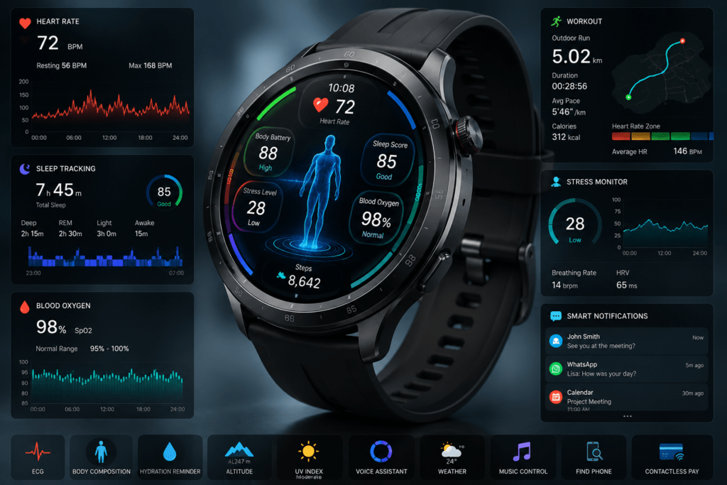 smartwatch moderno com recursos avançados de saúde e monitoramento