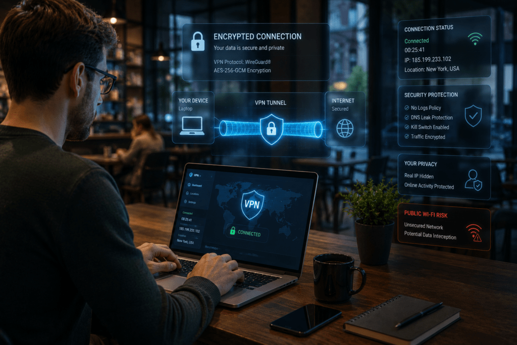 uso de vpn em rede wifi pública durante trabalho remoto em 2026